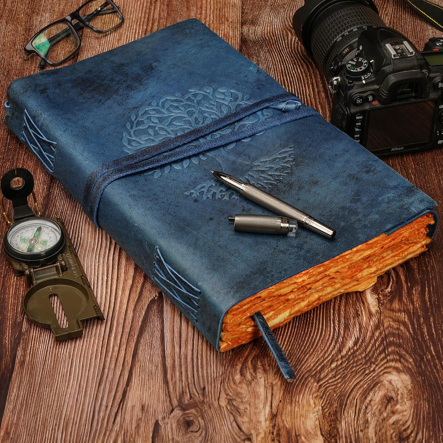 LUXEORIA Tree Of Life Leather Journal for Women and Men, Handcrafted Leather Journal for Writing Womens, Sketchbook, Travel Diary with Unlined Deckle Paper, Dark Blue 8x13