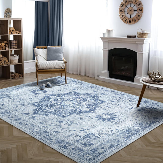 Bloom Rugs Washable Non-Slip 8' x 10' Rug - Gray/Blue Traditional Medallion Area Rug for Living Room, Bedroom, Dining Room, and Kitchen - Exact Size: 8' x 10'