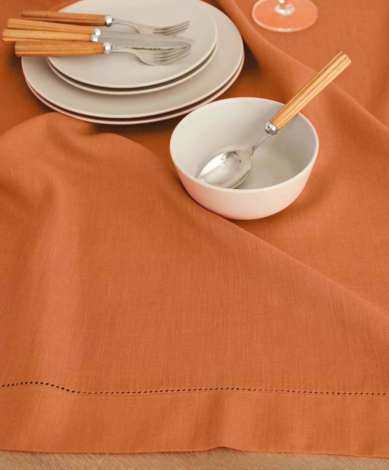 Solino Home Linen Square Tablecloth 52 x 52 Inch - 100% Pure Linen Pumpkin Table Throw - Classic Hemstitch, Machine Washable Table Cloth for Fall, Autumn, Halloween, Thanksgiving, Holiday
