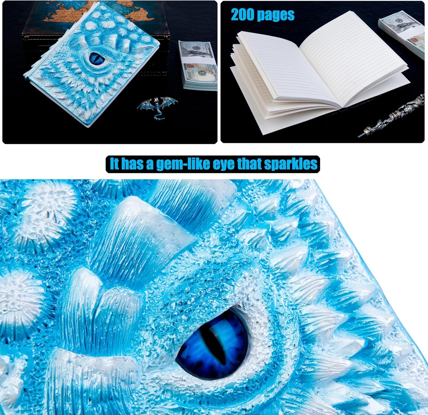 3D Dragon Eye Embossed Journal,Resin Engraving Notebook,Dnd notebook for Dragon Lovers ，Blank Paper,Hardcover Travel Notepad for Writing,Sketchbook,Collection,Gift,Decoration A4 and A5 Size (A5-Ice dragon-Lined-Brooch)