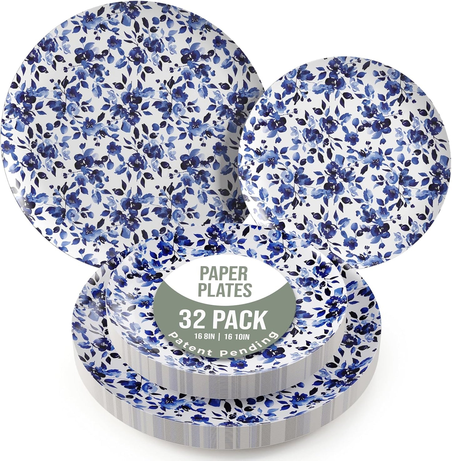 Trendables Heavy Duty Paper Plates Set For 16 Guests - 16 Each Of 8-inch And 10-inch Disposable Plates For Party - Fancy 32 Piece Dinnerware Set For All Occasions | Floral Design, Bluebelle