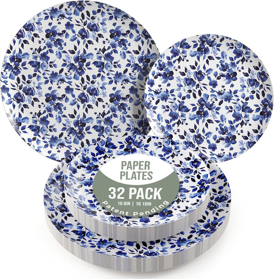 Trendables Heavy Duty Paper Plates Set For 16 Guests - 16 Each Of 8-inch And 10-inch Disposable Plates For Party - Fancy 32 Piece Dinnerware Set For All Occasions | Floral Design, Bluebelle