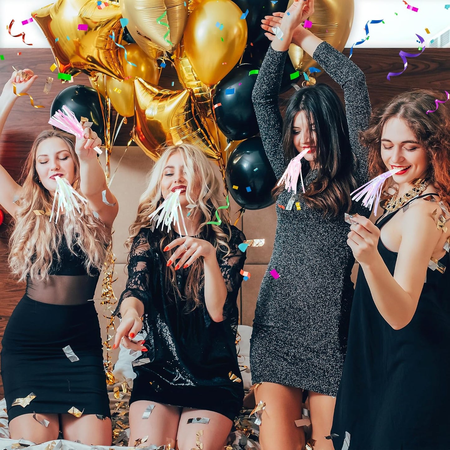 12 Pcs Party Blowers Glitter Noise Makers Metallic Fringed Party Horns for Adults Birthday Graduation New Years Party Favors Supplies