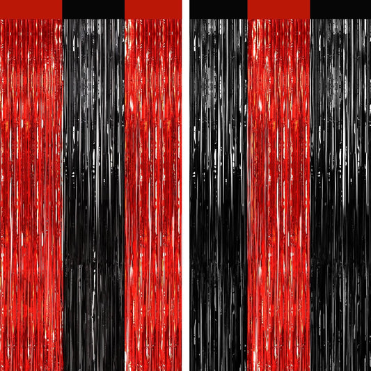 2 Pack Black and Red Foil Fringe Curtains Party Decorations, Tinsel Curtain Backdrop Streamers for Birthday Graduation Fiesta Stranger Theme Halloween Christmas Party Decors Supplies Door Streamers