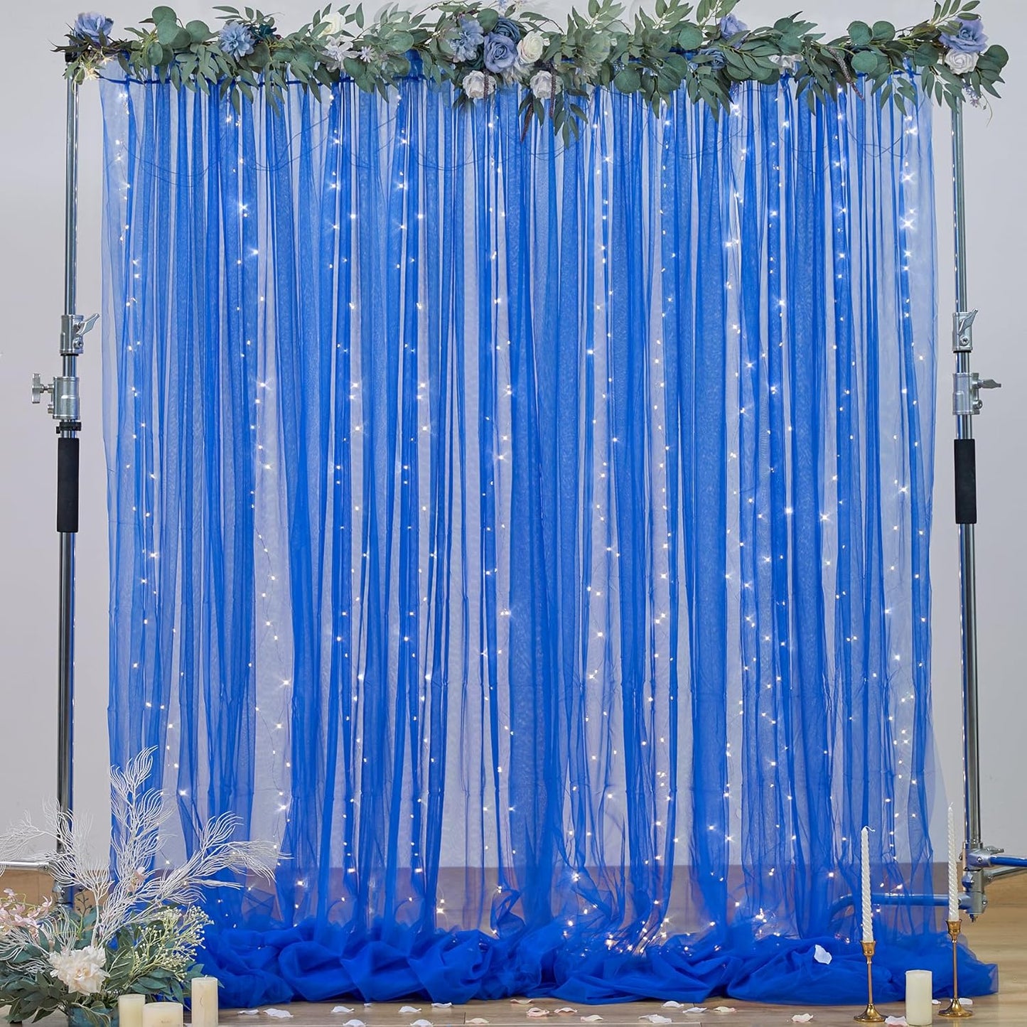 Royal Blue Backdrop Curtains with Lights String for Parites Wedding 10×8ft Sheer Tulle Backdrop Curtain for Graduation Ceremony Baby Shower Birthday Party Prom Photo Shoot Background Decorations