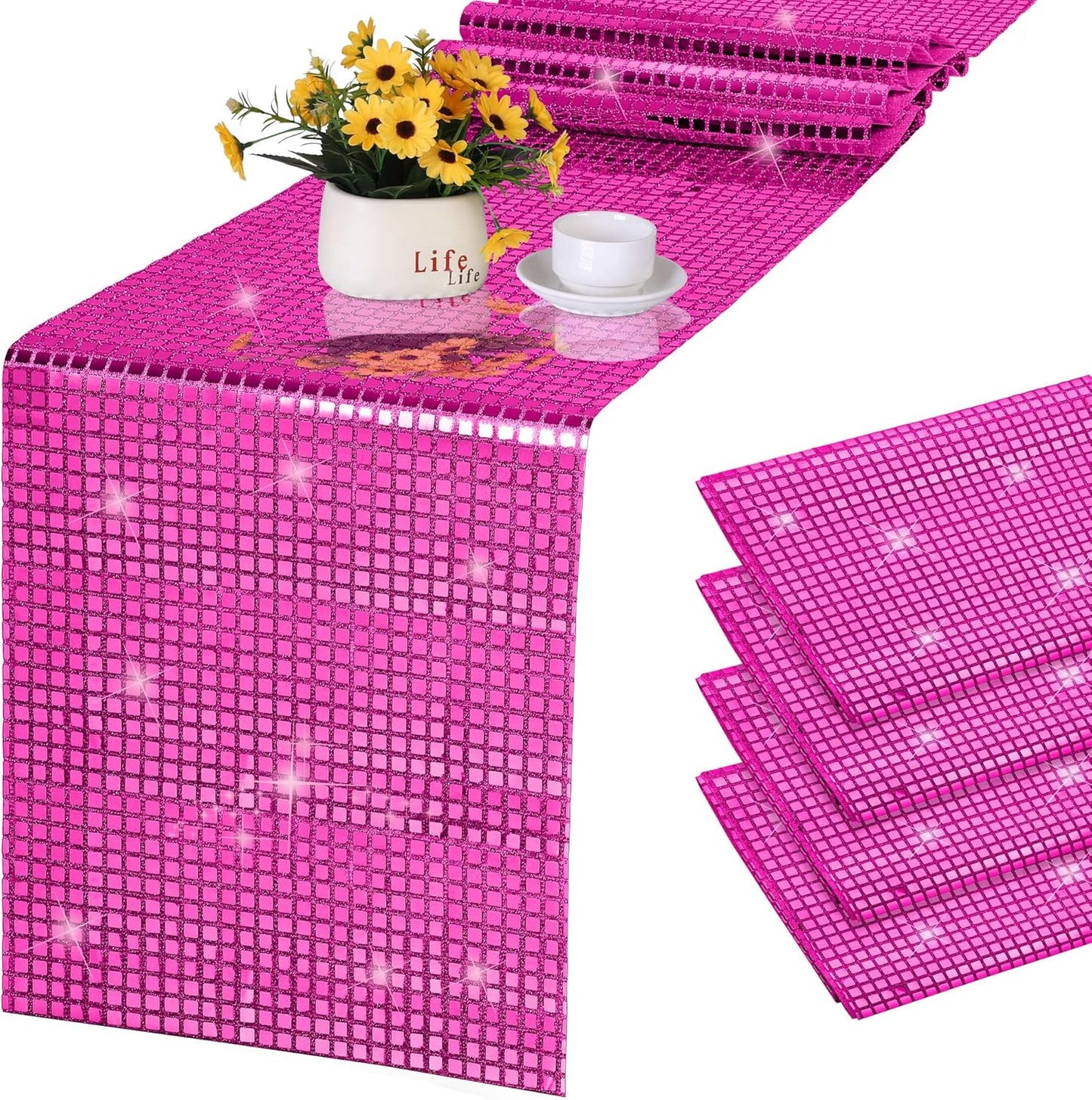 Durony 4 Pack Disco Table Runner 11 x 108 Inch Mirror Hot Pink Glitter Foil With Sparkle Sequin for Bachelorette, 70s, Cowgirl Party Decorations