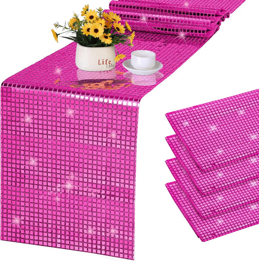 Durony 4 Pack Disco Table Runner 11 x 108 Inch Mirror Hot Pink Glitter Foil With Sparkle Sequin for Bachelorette, 70s, Cowgirl Party Decorations