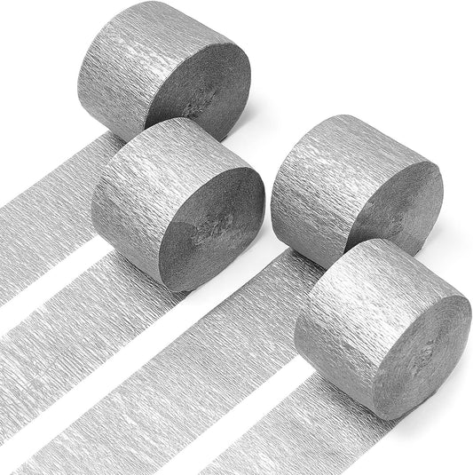 PartyWoo Silver Crepe Paper Streamers 4pcs 328ft Pack of Silver Crepe Paper for Wedding Bachelorette Birthday Baby Shower Bridal Shower Engagement Anniversary New Year Graduation Party Decorations