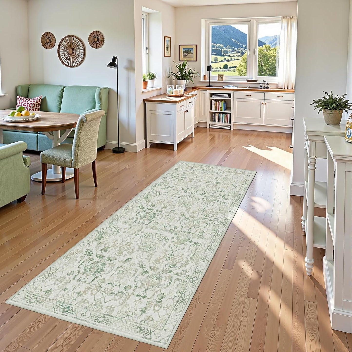 Green 3x7 Runner Rug for Hallways Bed Side Kitchen, Boho Washable Distressed Low-Pile Floor Entryway Long Bathroom Mat, Non-Slip Laundry Room Washstand Front Carpet Green 36x84 Inch