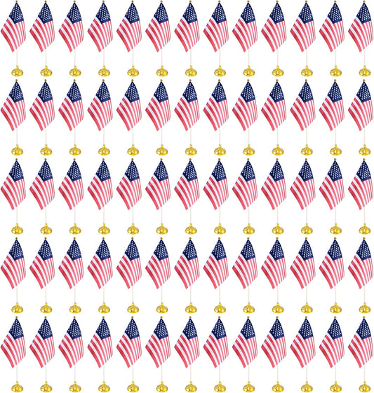 100 Pack USA US Desk Flags,Small Mini American Deluxe Table Flags Set with Stand Base，8.2 x 5.5 inches Miniature Desktop Flag