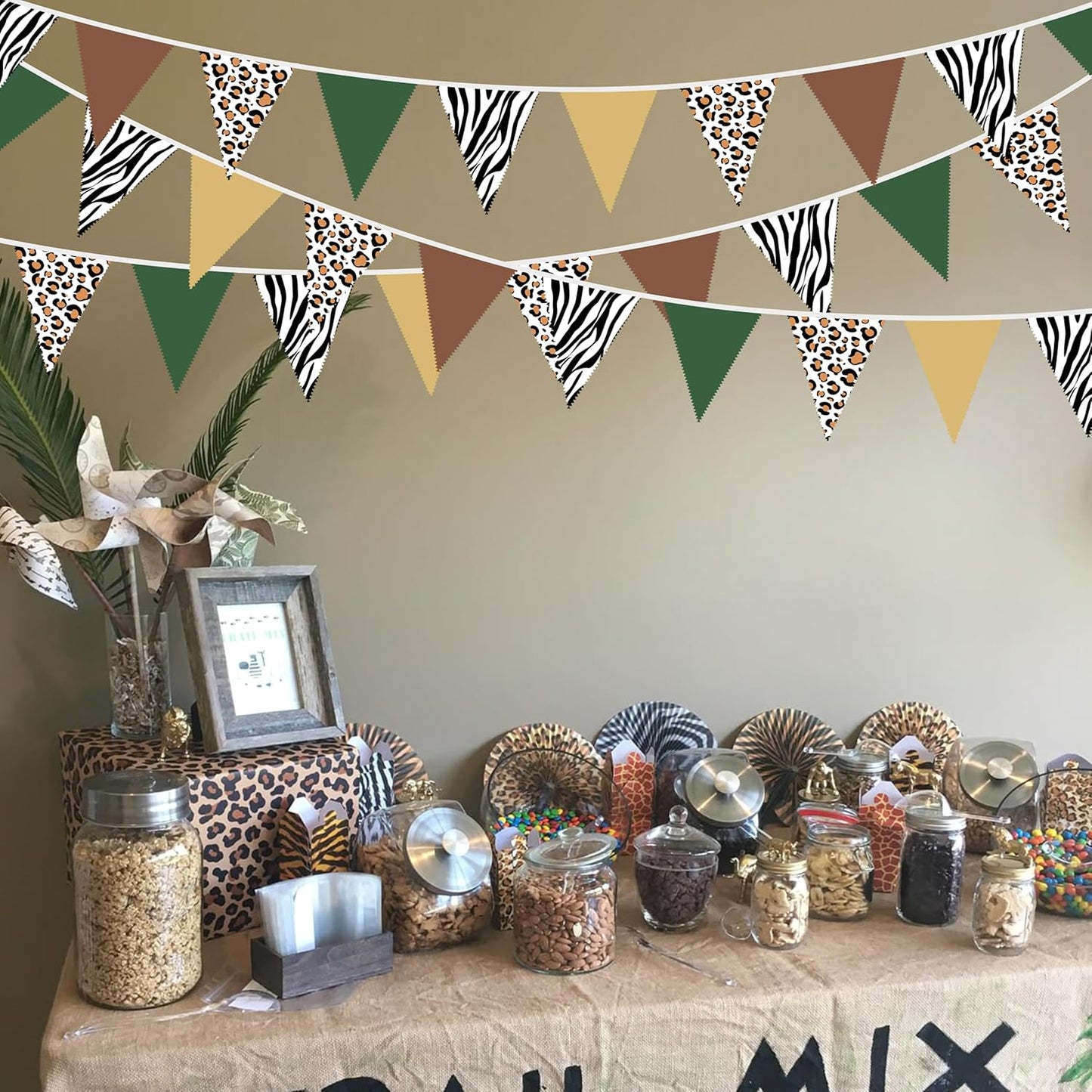 32Ft Jungle Safari Party Decorations Sage Green Brown Wild Animal Leopard Zebra Print Triangle Flag Fabric Banner Pennant Garland Streamers for Cheetah Birthday Baby Shower Party Decor Supplies