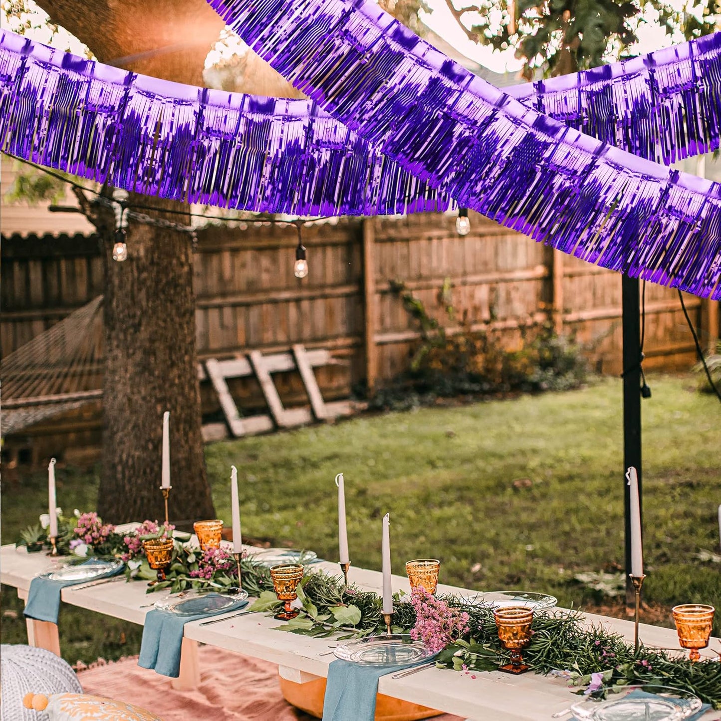 4 Pack Iridescent Fringe Float Curtain, Metallic Foil Fringe Garland Wall Hanging Drapes Tassel Foil Float for Parade Float Trailer, Birthday Holiday Outdoor/Indoor Party Decoration (Purple)