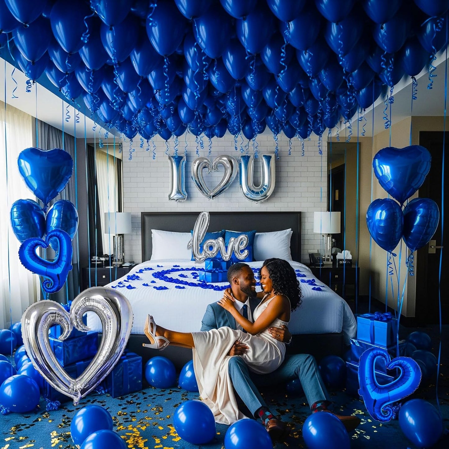 I Love You Balloons for Him/Her Balloons Royal Blue Sliver romantic balloon kit with blue heart mylar balloons blue rose petals for hotel Decorations Valentines Party wedding anniversary supplies