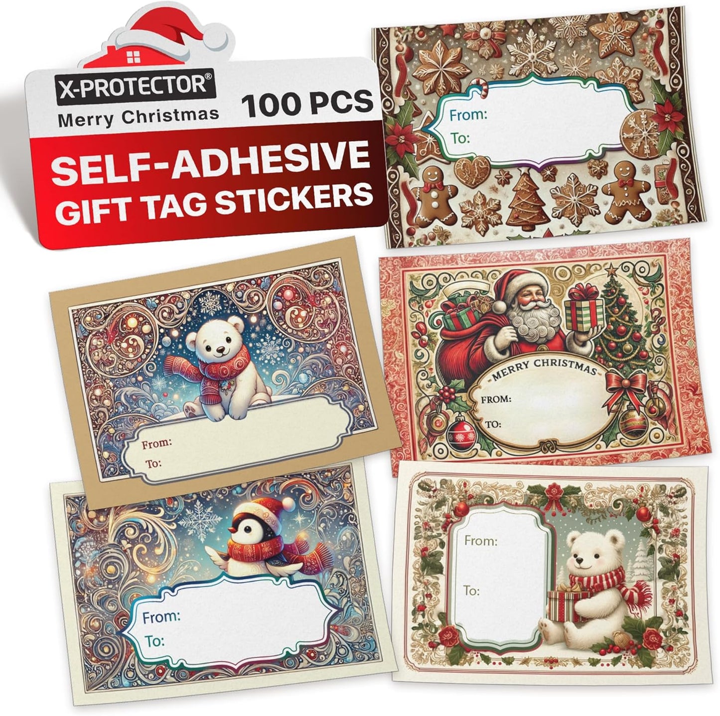 X-Protector Christmas Gift Tags 100 PCS - 2.4x1.7 in Christmas Wrapping Paper Name Tags - 5 Sheets of Self-Adhesive Xmas Present Labels Stickers - Peel and Stick Gift Wrap Tags!