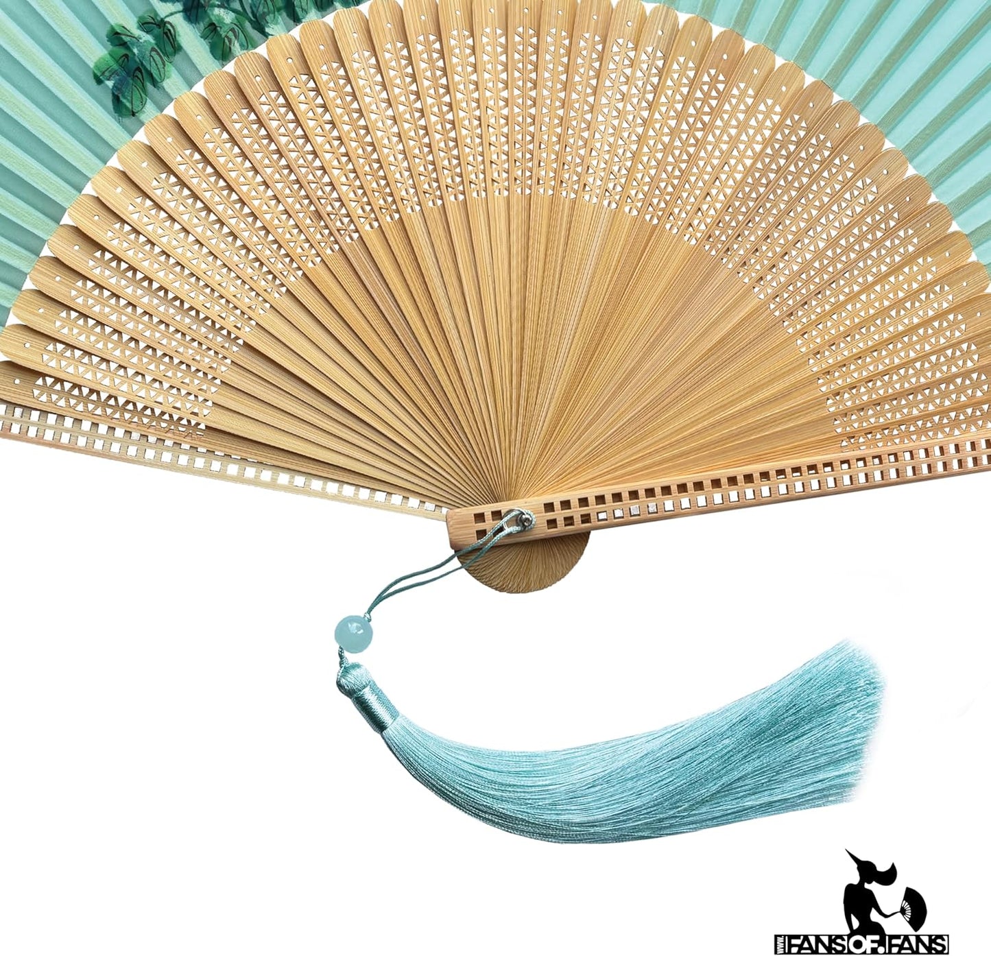 FANSOF.FANS Premium Floral Silk Fabric Border Handheld Folding Fan with Grade A Bamboo Ribs for Women Girls Event Birthday Wedding Favour with Tassel (Single Flower Border - Turqoise)