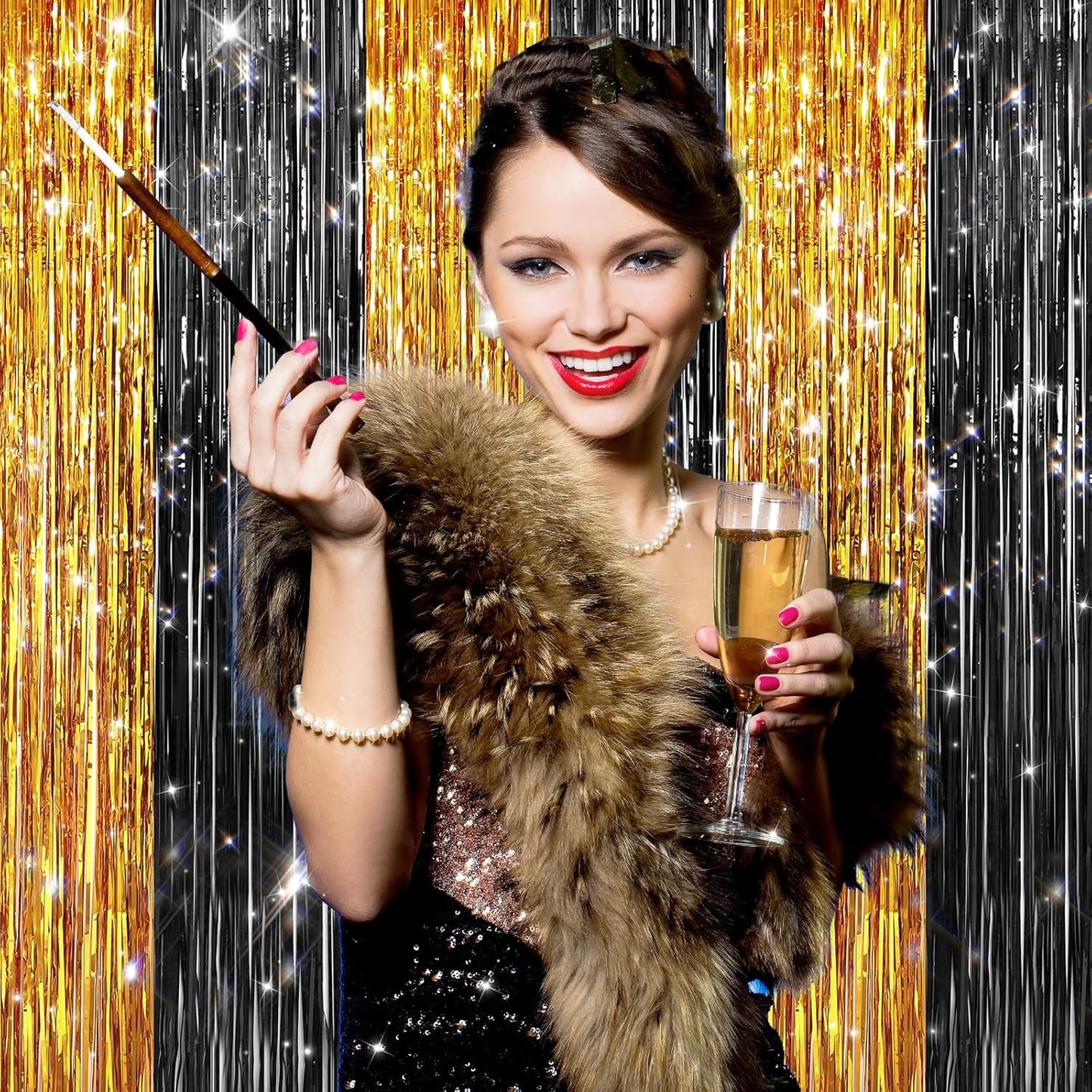 2Pack Black Gold Metallic Tinsel Foil Fringe Curtains, Door Streamers Photo Booth Backdrop for Birthday Party, Tinsel Curtain Backdrop for Wedding Baby Shower Bachelorette Christmas Party Decorations