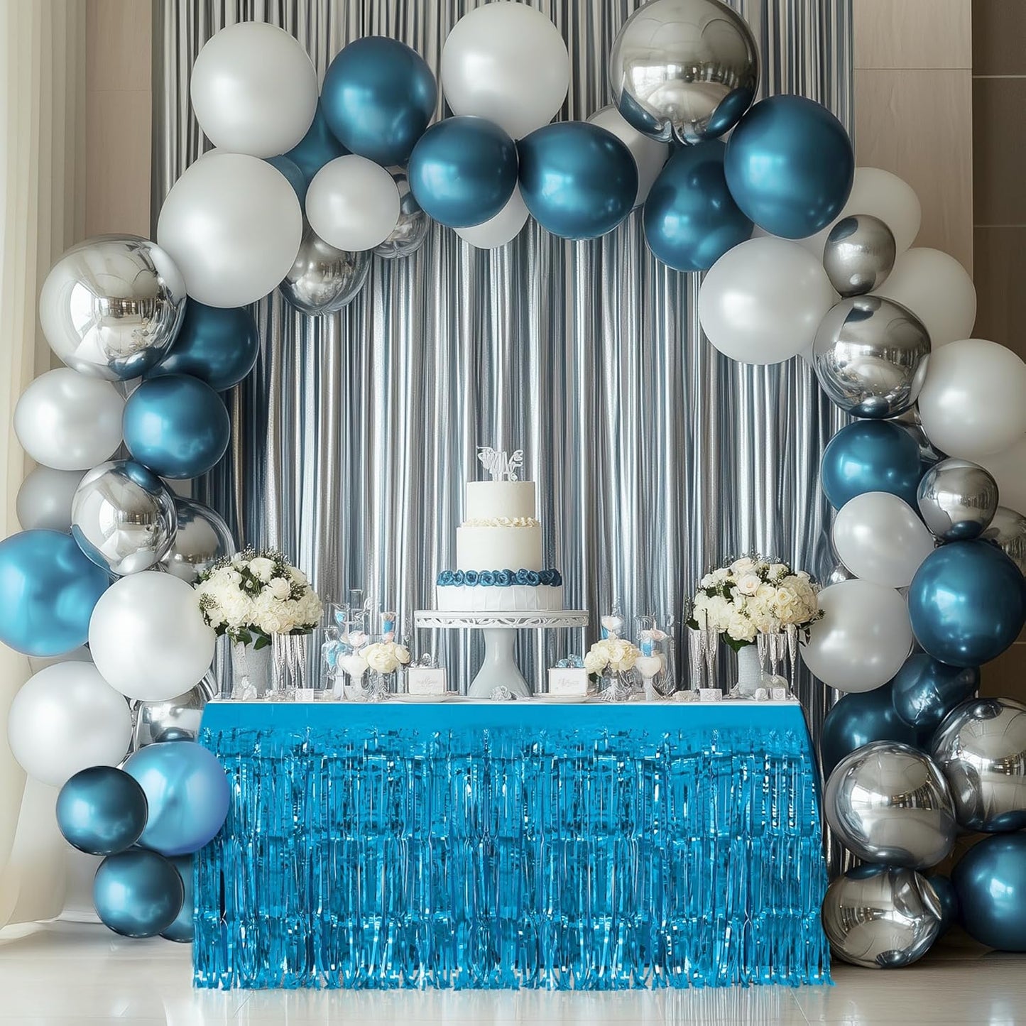 4 Pack Lake Blue Table Skirts, 29x108" Metallic Foil Tinsel Fringe Table Skirts for Rectangle Tables Streamer Curtains Backdrop, Party Decorations for Birthdays Weddings Holidays