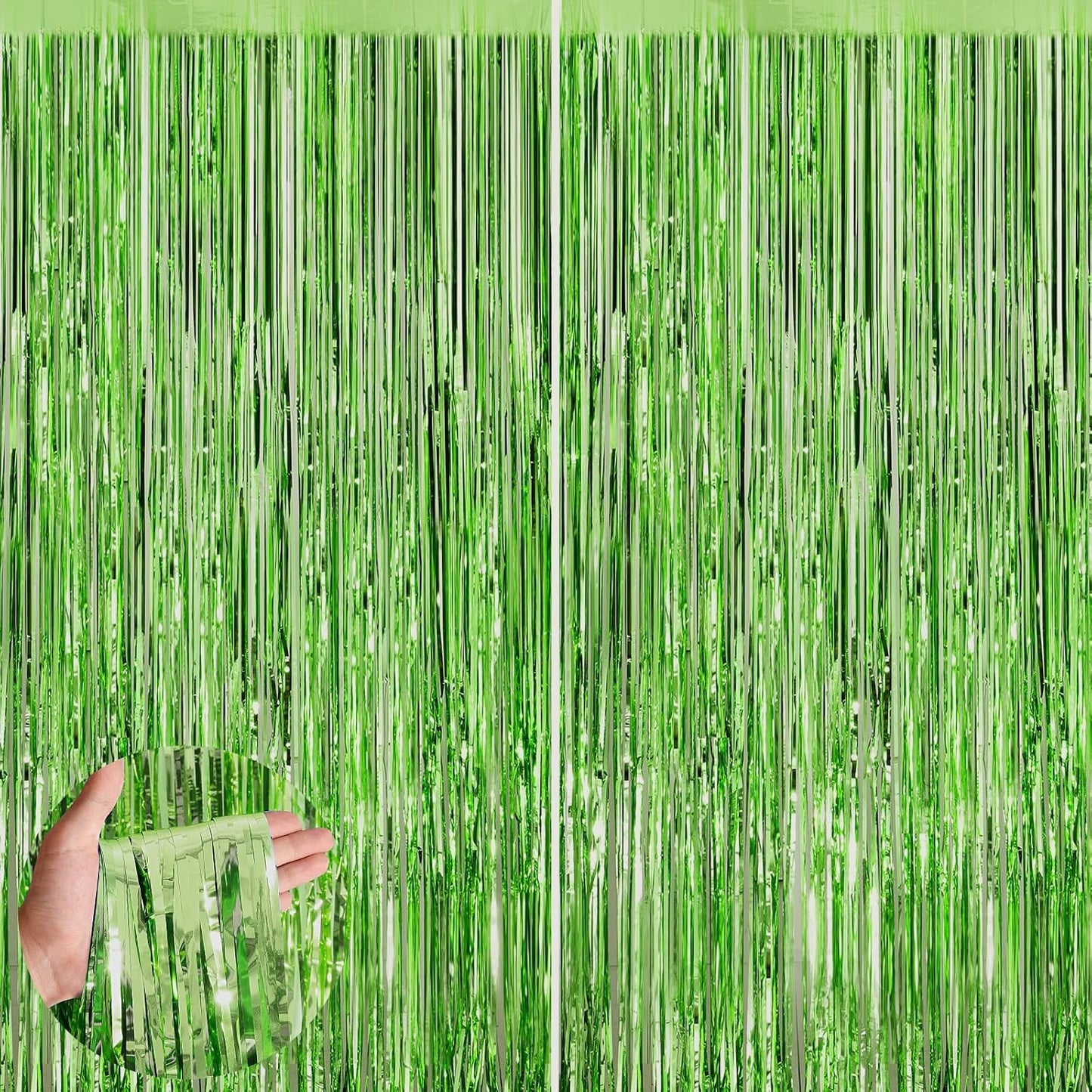 Grass Green Fringe Curtain Party Streamers 2Pack 3.3 x 8.3 Ft Foil Fringe Backdrop Curtains for Birthday Wedding Bridal Baby Shower Holiday Tinsel Streamers Green Party Decorations Door Streamer