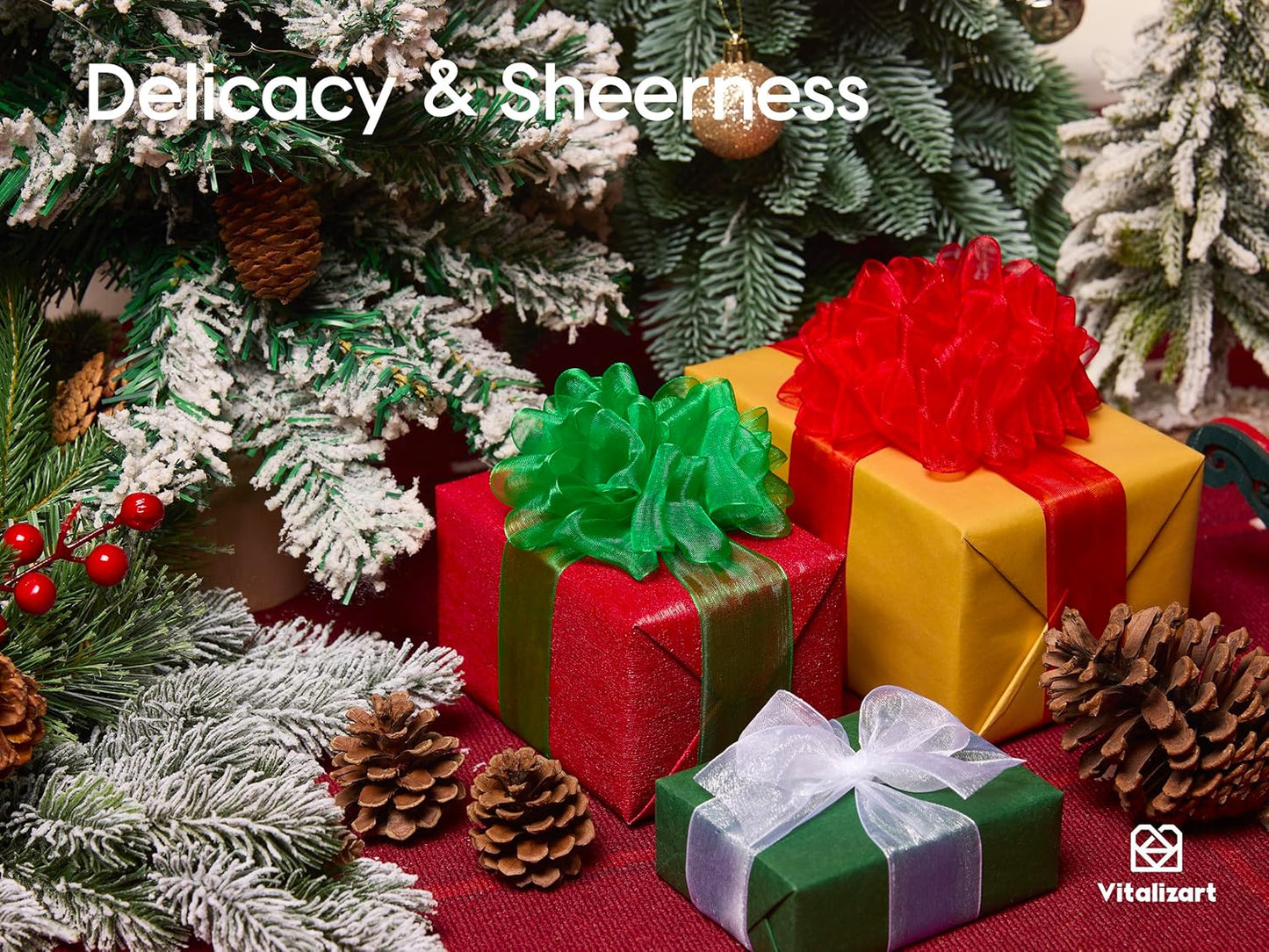 Vitalizart Organza Ribbon 1.5" x 30 Yd Christmas Sheer Ribbons Set 10 Yd x 3 Rolls Red Green White for Christmas Decor Gift Wrapping Crafts Bows Wedding Invitations Wreaths Bouquet