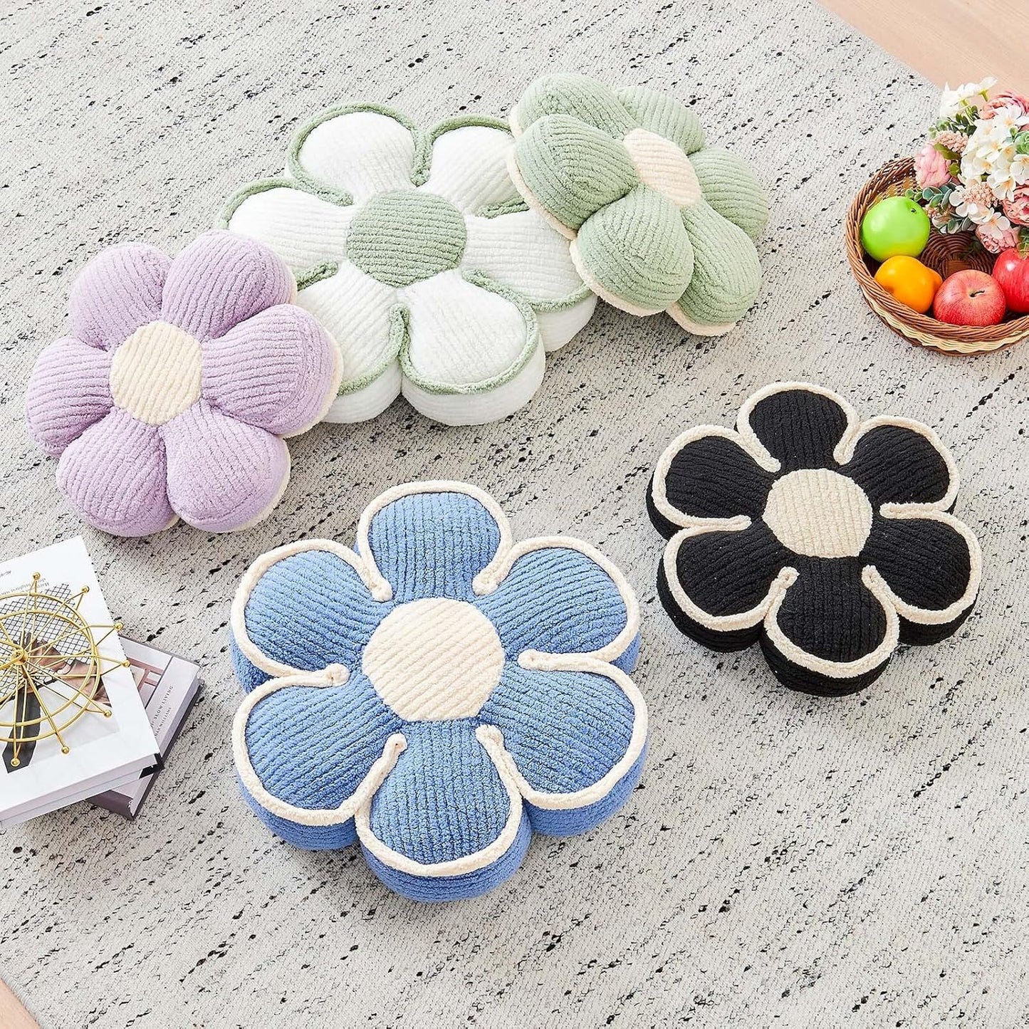 Flower Pillow, Soft Flower Decorative Throw Pillow, Cute Daisy Flower Shaped Seating Floor Cushion Room Décor Plush Pillows for Sofa Couch Bed (13.7 Inch, Black)