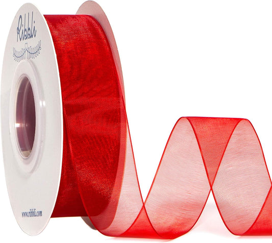 Ribbli Red Sheer Organza Ribbon,1 Inch x Continuous 50 Yard Use for Gift Wrapping,Bouquet Wrapping,Wedding Decoration,All Crafting and Sewing