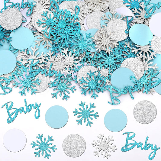 MARFOREVER Winter Shower Table Confetti, 200 Pcs Glitter Blue Silver Snowflake Table Decorations Winter Gender Reveal Party Confetti Sprinkle for Winter Birthday Party Baby Shower Decorations(Blue)