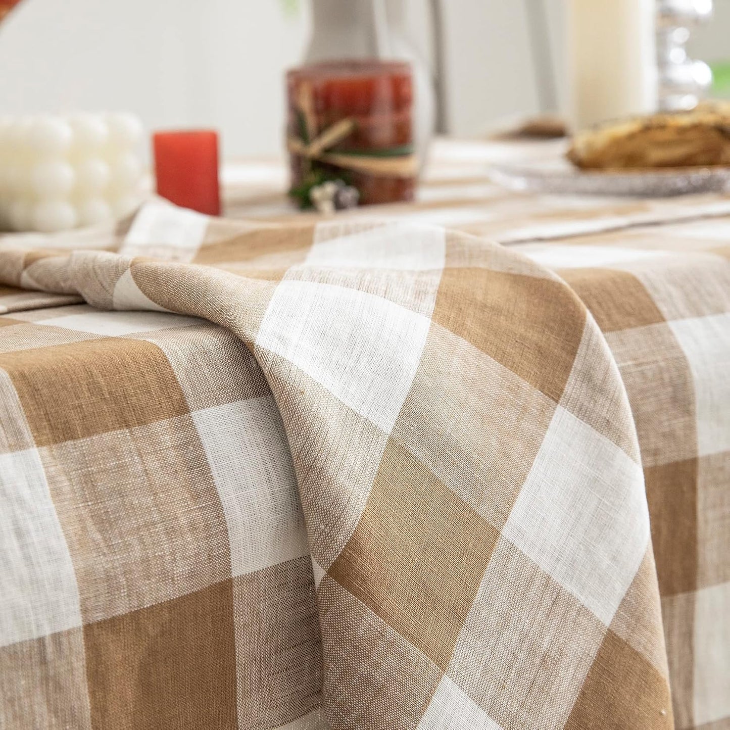 EVERLY 100% Yarn-Dyed Linen Rectangle Tablecloths 60x120Inches for Dining,Buffet Parties,Picnic,Events and Restaurants,Decorative Halloween,Thanksgiving Machine Washable Tablecloths-Brown Plaid