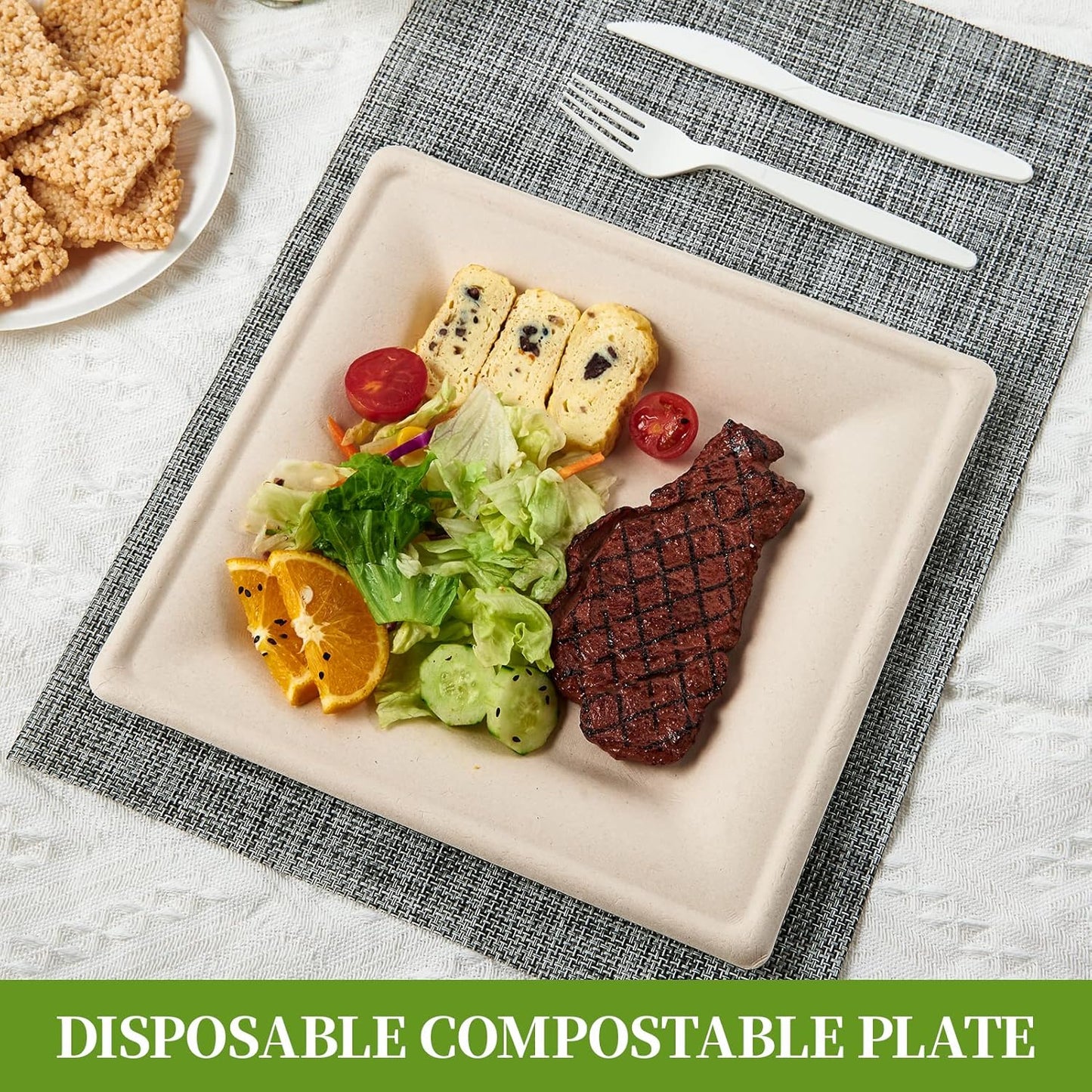 ECOLipak 125 Pack Compostable Square Paper Plates 6 inch Disposable, Eco-friendly Heavy Duty Biodegradable Sugarcane Plates