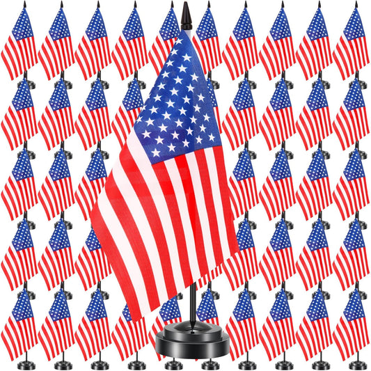50 Pcs American Desk Flag Set Small USA Flags for Table with 13" Black Pole, Black Base and Spear Top, American Flag for Home Office Party Festival Celebrations Decor