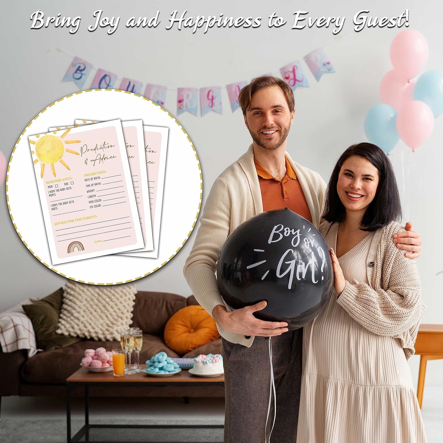 Boho Sunshine 30 Baby Predictions and Advice Cards, Gender Reveal Party Supplies Favors (5"x7") - D02