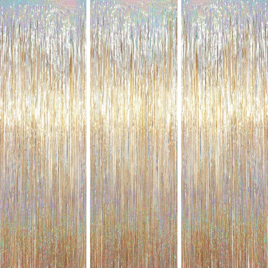 3 Pack 3.3 x 6.6 ft Champagne Foil Fringe Backdrop, Tinsel Streamers Party Decorations, Fringe Backdrop for Birthday, Photo Booth Props for Bachelorette, New Years Eve Party Supplies