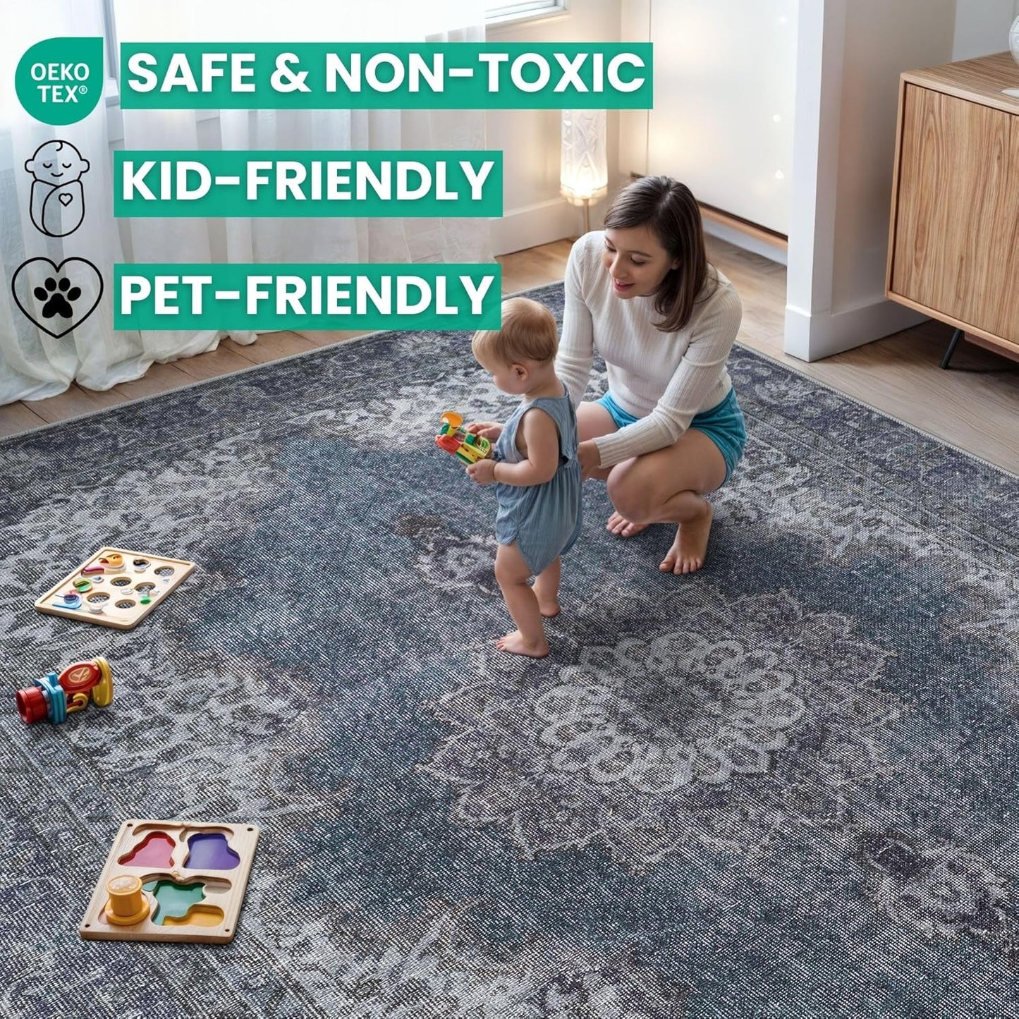 Bloom Rugs Washable Non-Slip 10 ft Runner - Dark Teal Traditional Medallion Runner for Entryway, Hallway, Bathroom, and Kitchen - Exact Size: 2.5' x 10'