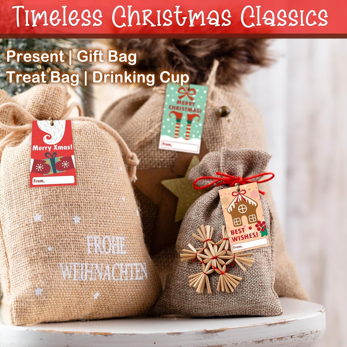 40 Pcs Christmas Gift Tags, 2.1"×3.5" Merry Xmas Paper Tags with String, Hanging Christmas Presents Label Wrapping for Party FavorDecorations, 4 Styles - A04