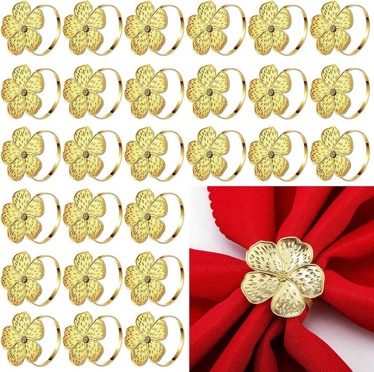 Bokon 50 Pcs Gold Napkin Rings Metal Napkin Holders Rings Bulk for Dining Anniversary Wedding Dinner Birthday Holiday Party Banquet Table Decoration (Flower)