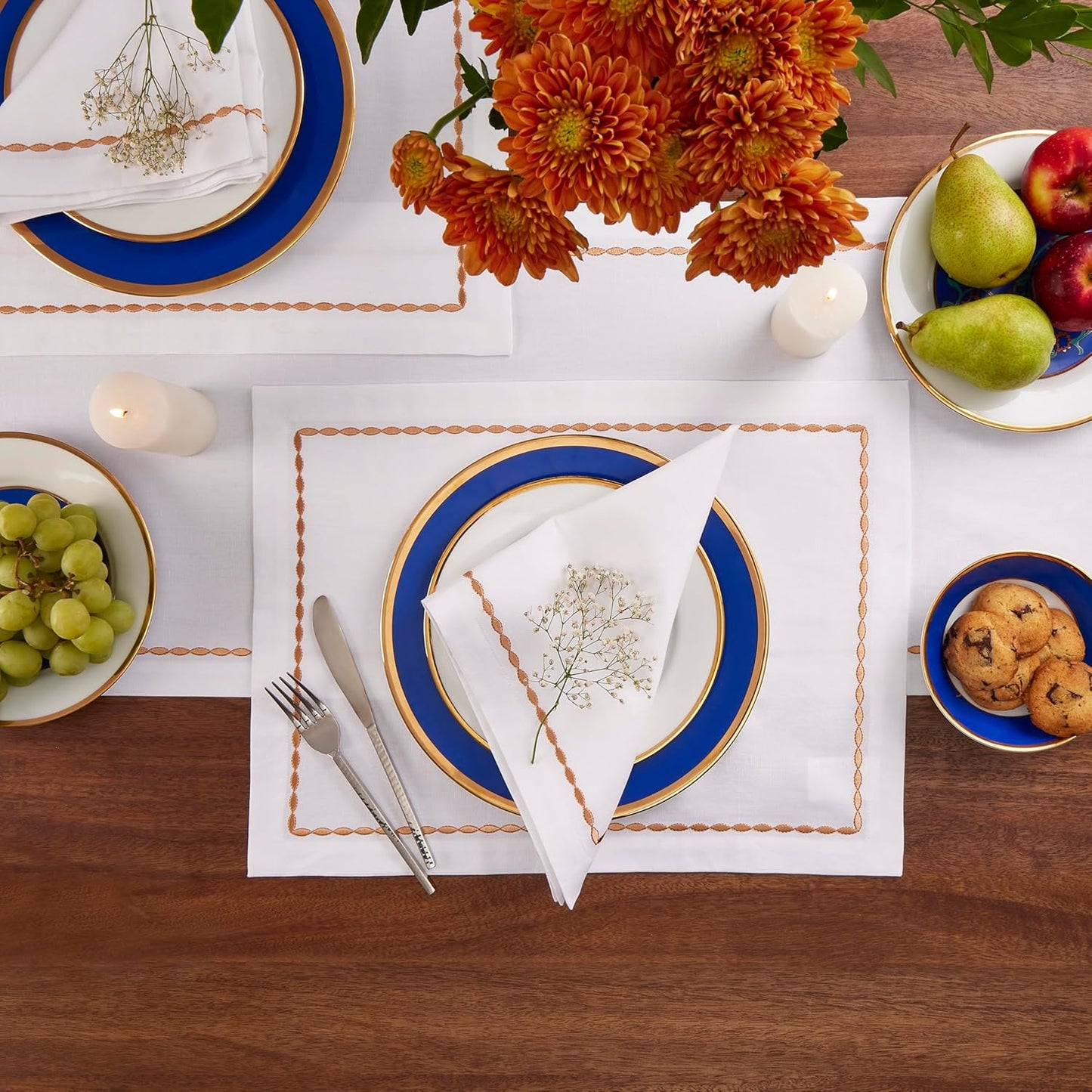 Cotton Linen White Placemats 14 x 19 Inch – Spring, Summer Placemats Set of 4 – Machine Washable Fabric Table Place Mats with Motif Embroidery – Wedding Decoration