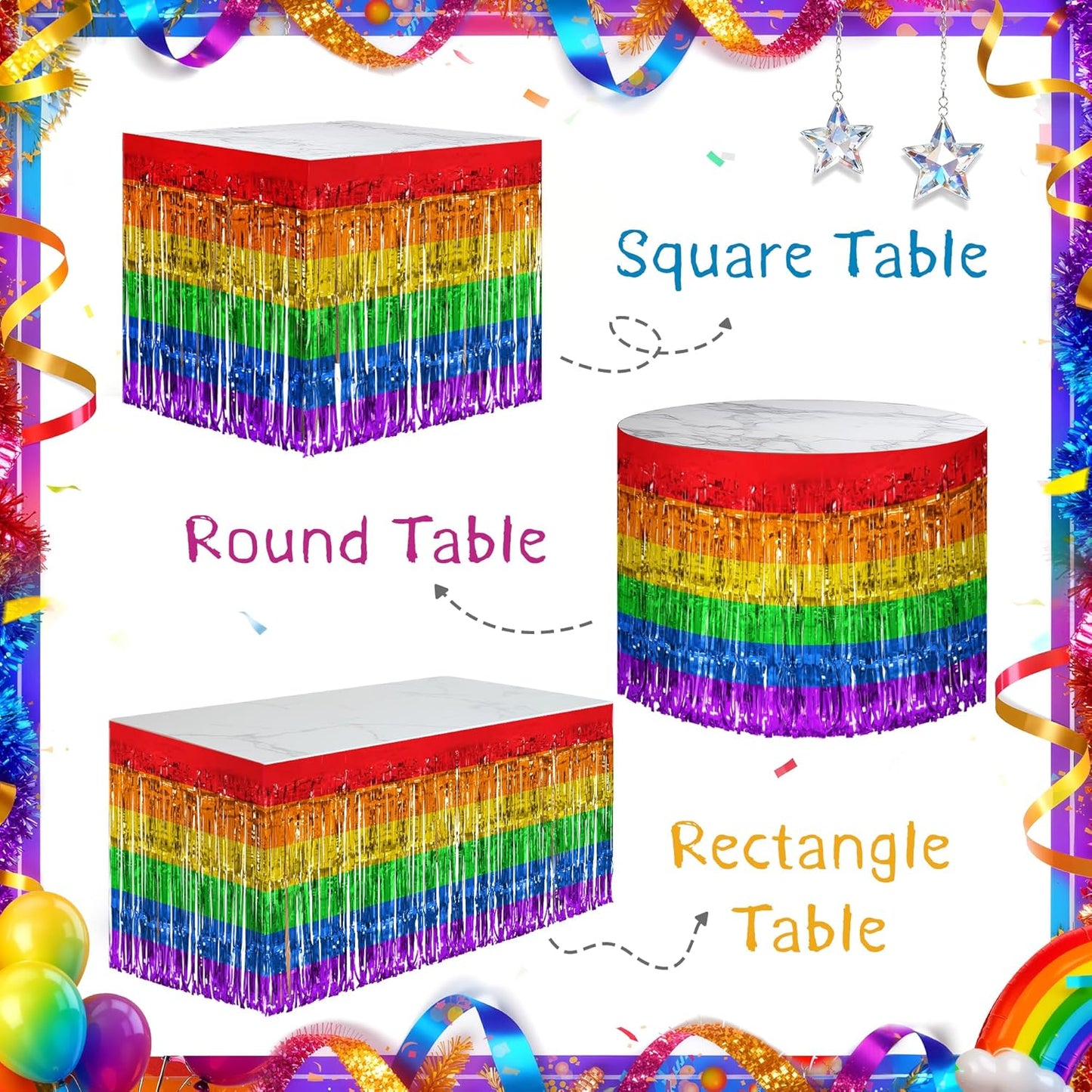 2 Pack Rainbow Table Skirts, 29x108" Metallic Foil Tinsel Fringe Table Skirts for Rectangle Tables Streamer Curtains Backdrop, Party Decorations for Birthdays Weddings Holidays