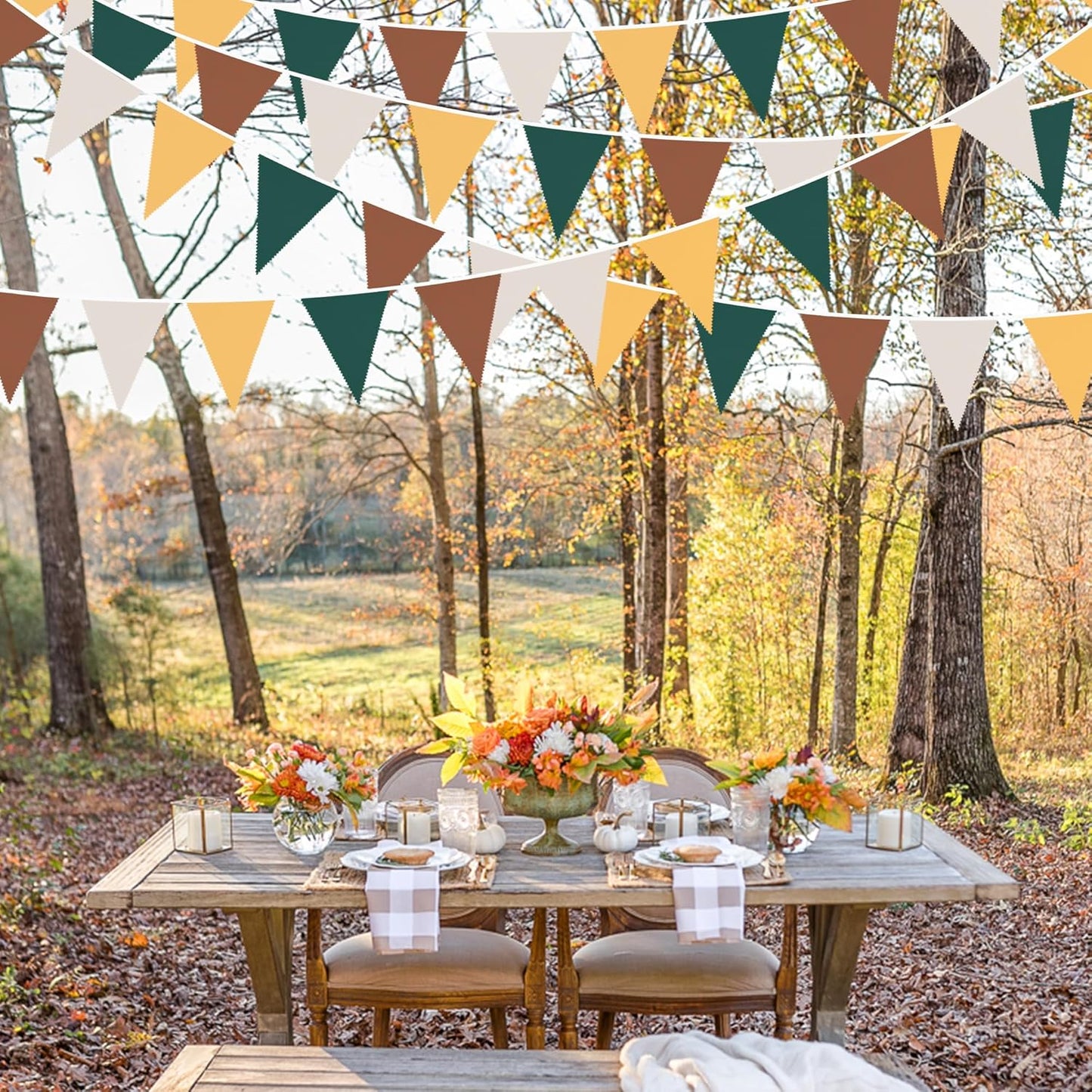 32Ft Green Brown Woodland Party Decorations Fabric Triangle Banner Flag Pennant Bunting Garland for Jungle Safari Animal Zoo Themed Wild Forest Baby Shower Camper Fall Wedding Birthday Decor Supplies