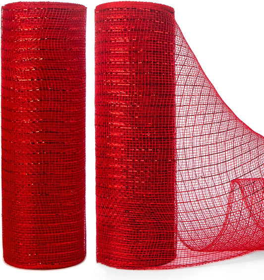 Ribbli 2 Rolls Red Mesh Ribbon,10 inch x 30 feet(10Yard) Each Roll,Metallic Red with Foil,Christmas Ribbon for Wreath Swags and Decorating