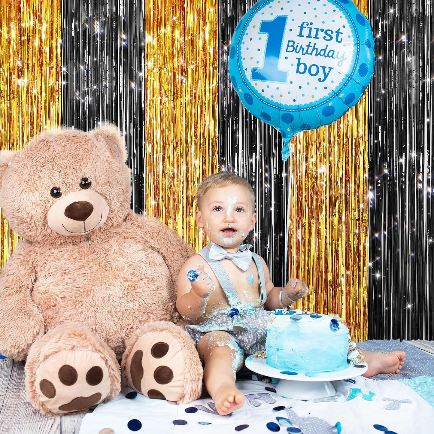 2Pack Black Gold Metallic Tinsel Foil Fringe Curtains, Door Streamers Photo Booth Backdrop for Birthday Party, Tinsel Curtain Backdrop for Wedding Baby Shower Bachelorette Christmas Party Decorations