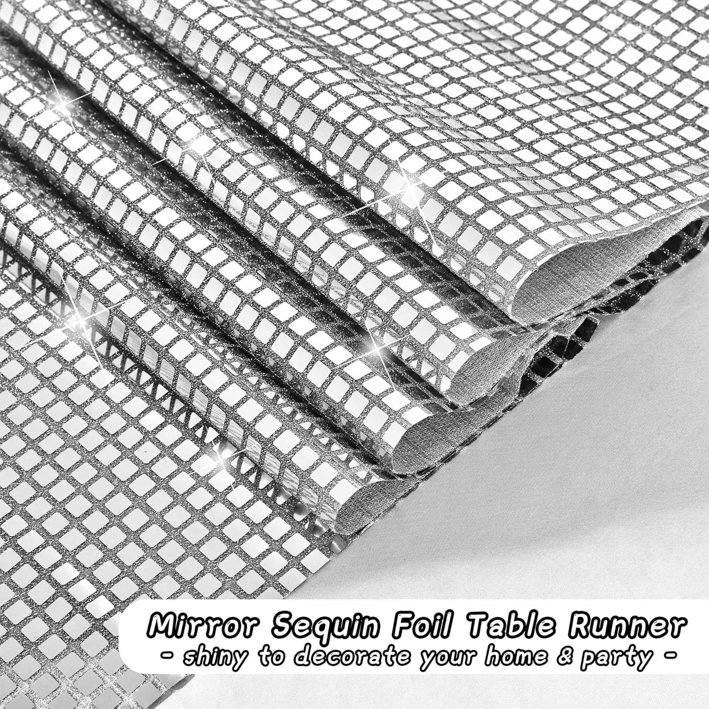 Durony Disco Table Runner 11 x 108 Inch - Mirror Silver Glitter Foil With Sparkle Sequin for Bachelorette, 70s, Cowgirl Party Decorations