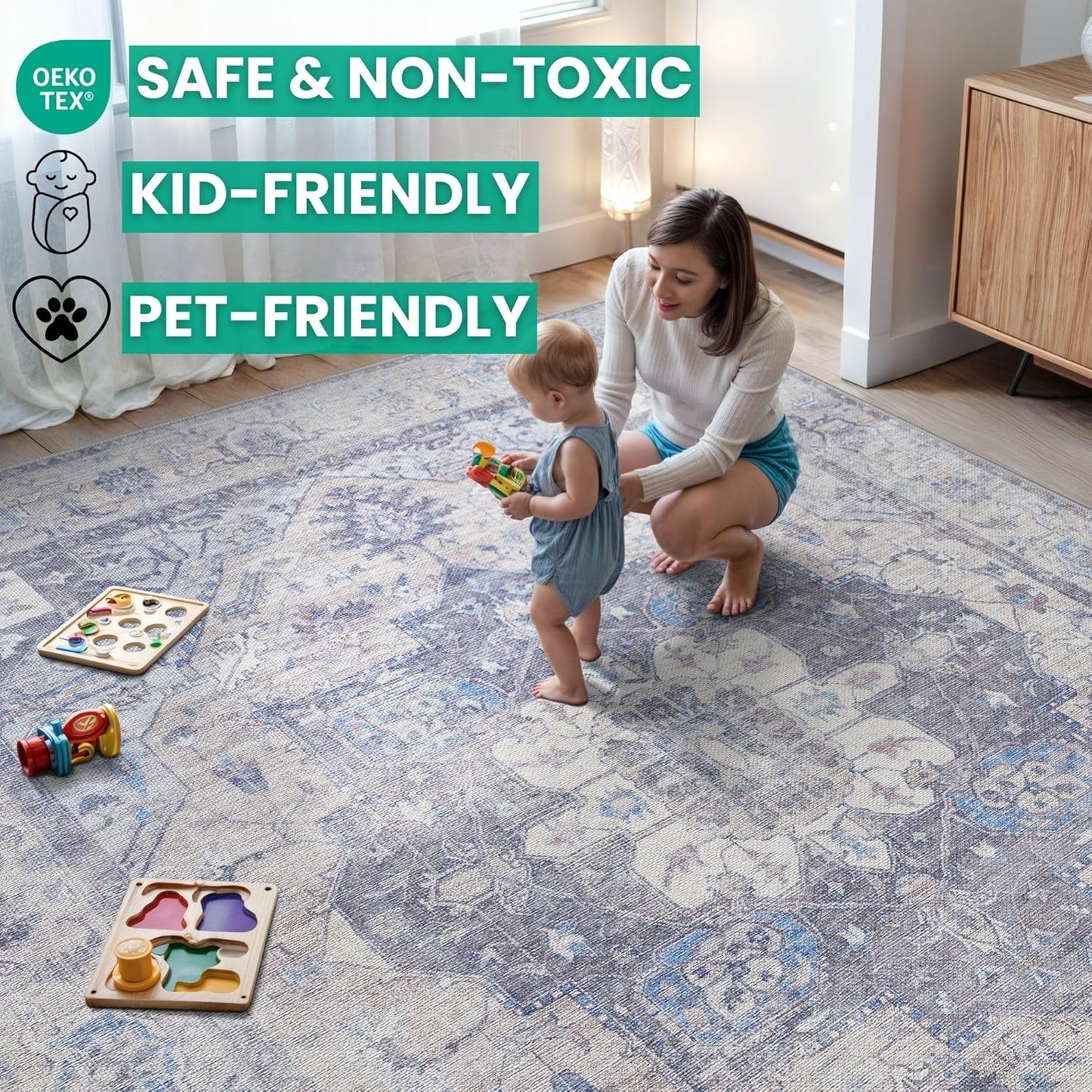 Bloom Rugs Washable Non-Slip 3' x 5' Rug - Blue/Sand Traditional Medallion Area Rug for Living Room, Bedroom, Dining Room, and Kitchen - Exact Size: 3' x 5'