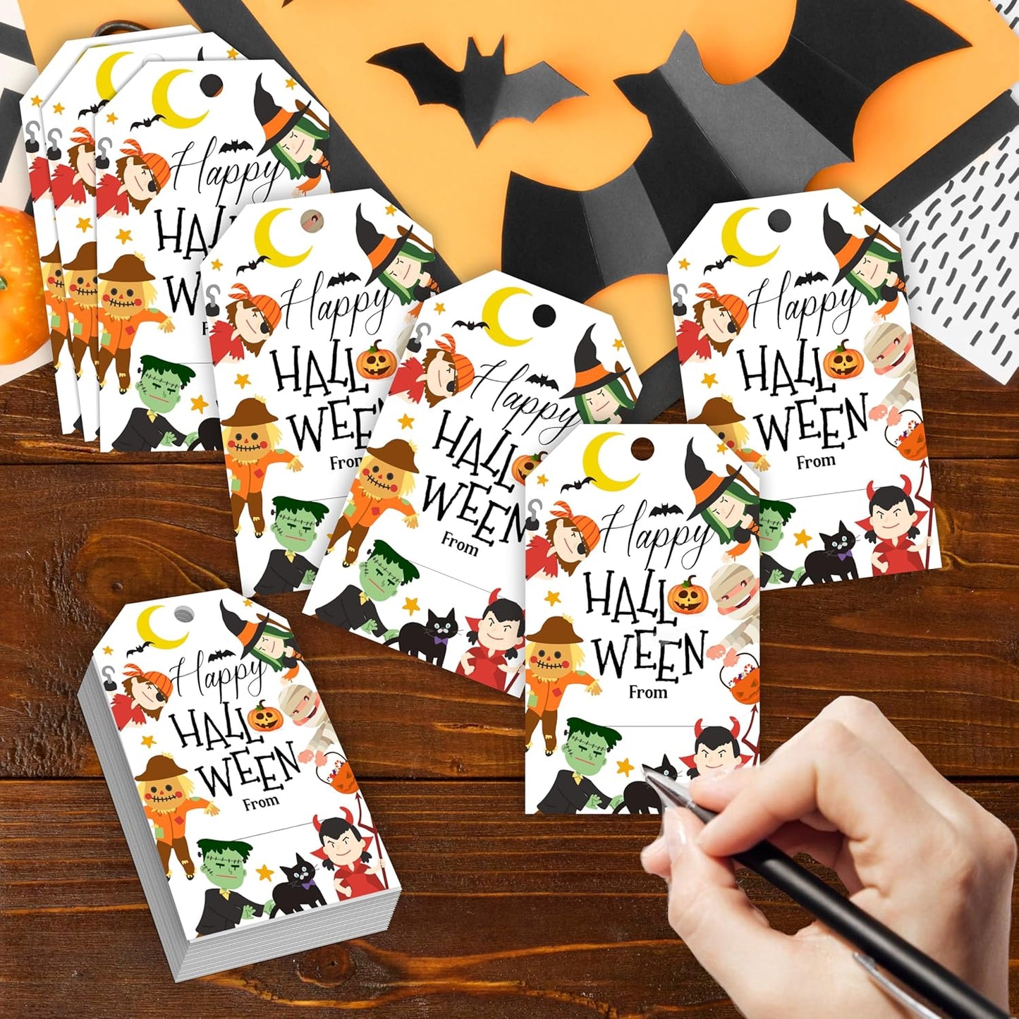 50 Pcs Halloween Tags with String, 2.1"×3.5" Pumpkin Paper Gifts Tags, Ghost Trick or Treat for Candy, Black Cat Happy Halloween Gifts Tag Wrap for Party Favor - B02