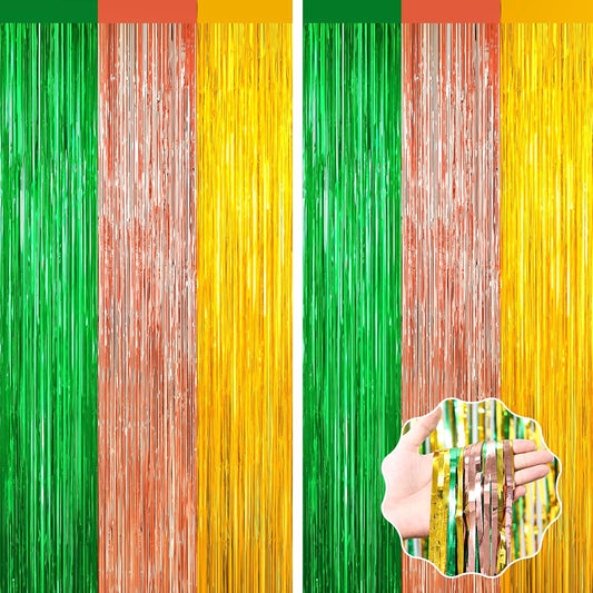 2 Pack Christmas Luau Decorations,Winter Summer Party Streamer, Green Brown Yellow Backdrop Tinsel Curtains Fringe Curtains, Metallic Hawaiian Supplies Aloha Party Decor Wedding Engagement Decorations