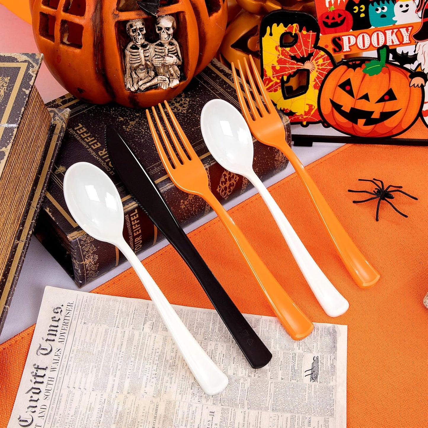 NOCCUR 180PCS Halloween Plastic Silverware Set - Tricolor Flatware Disposable Supplies Include 60 Black Knives, 60 Orange Forks, 60 White Spoons - Ideal for Halloween Party