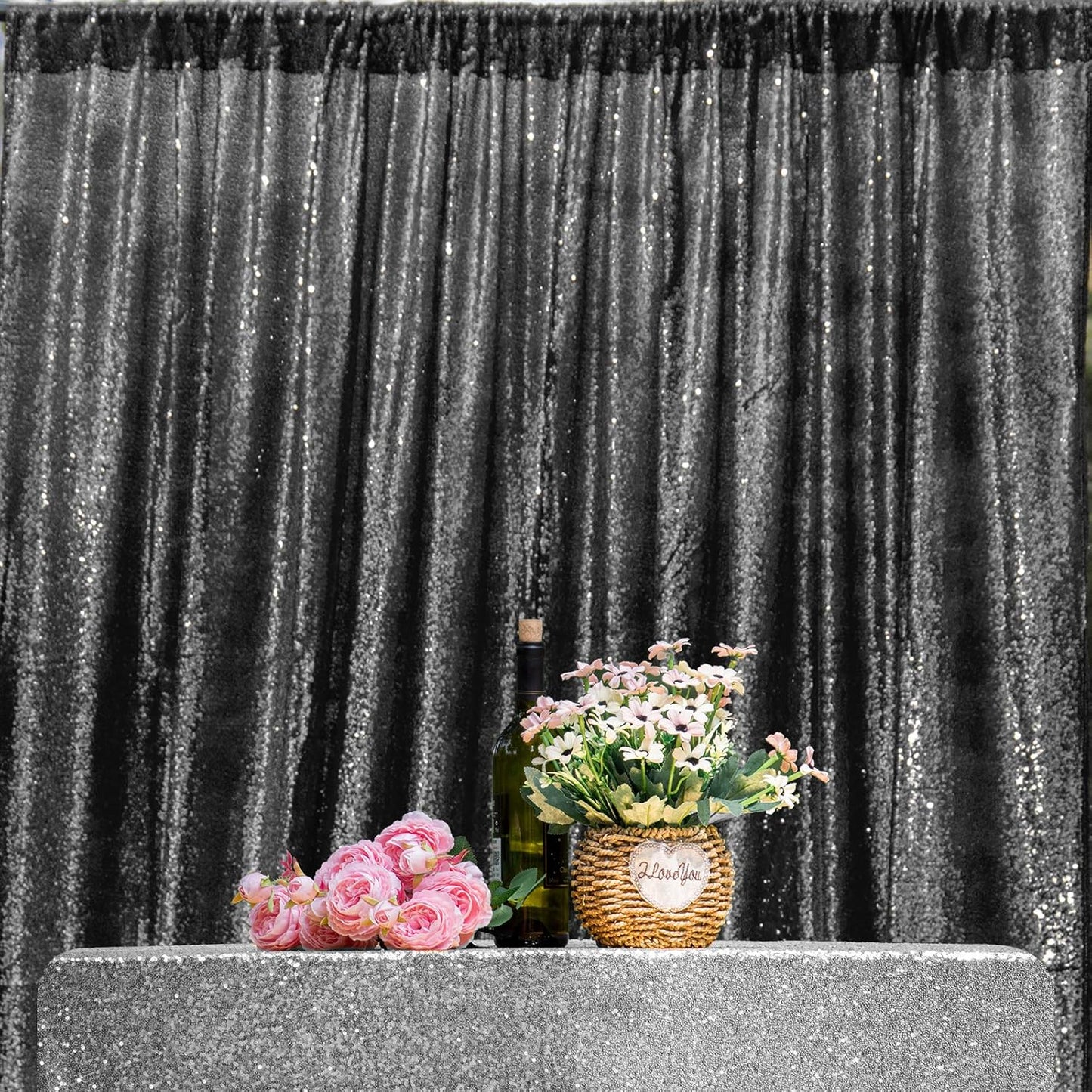 Black Sequin Backdrop Curtains 1 Panel 10FTx10FT Wedding Photo Backdrop Drapes Glitter Birthday Bridal Party Curtains Sparkle Background Party Decor Curtains