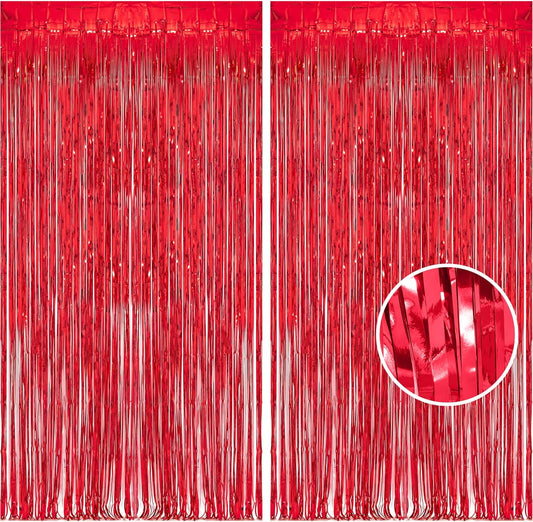 Foil Fringe Curtain Christmas Party Decorations - Red Metallic Tinsel Photo Booth Backdrop Party Steamers Curtains for Christmas New Years Valentines Engagement Celebration Party