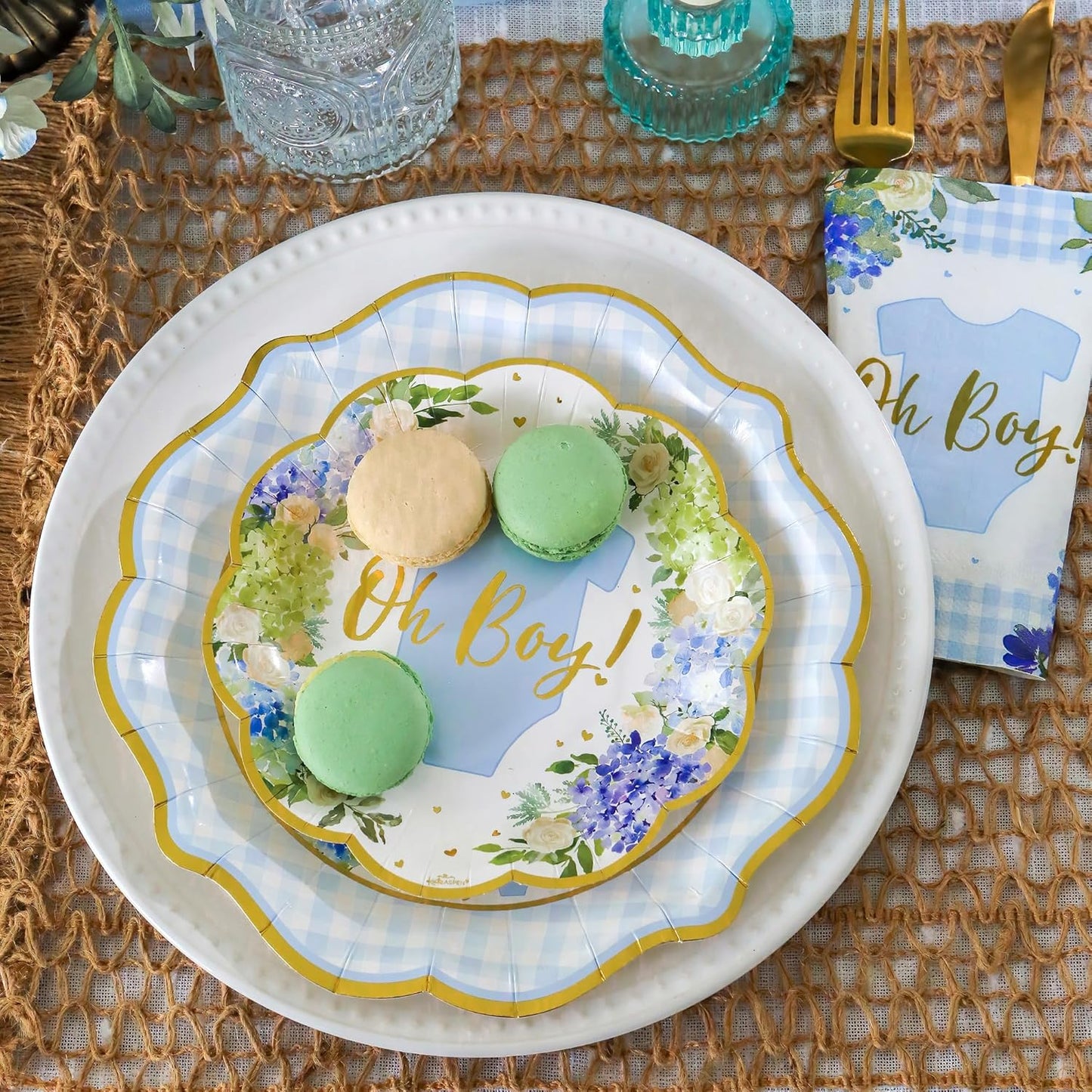 Kate Aspen Baby Shower Onesie Blue Floral & Gingham Tableware Set - 62pc. 16pcs 7 inch & 16pcs 9 inch Heavy Duty Disposable Party Plates, 30pcs 6.5 inch Durable Paper Napkins