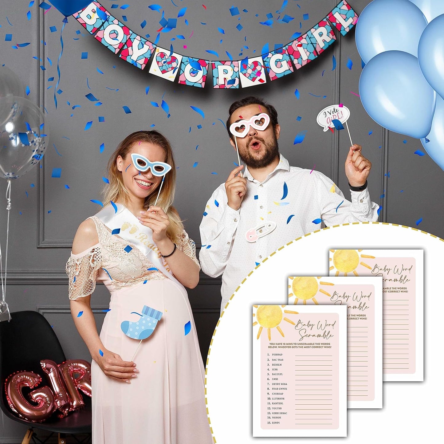 Boho Sunshine 30 Baby Word Scramble Game Cards with 1 Answer Card, Gender Reveal Party Supplies Favors (5"x7") - D01