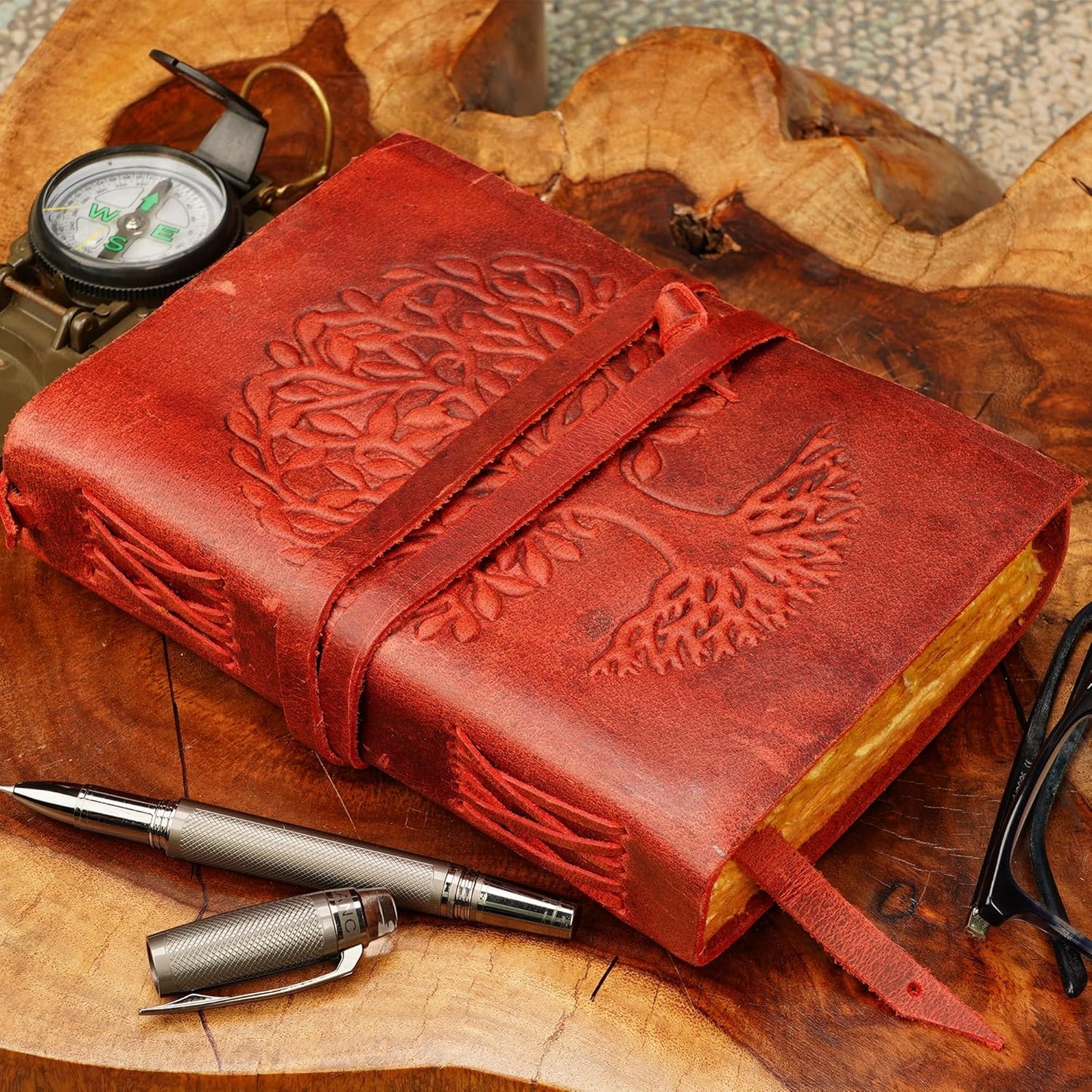 LUXEORIA Tree Of Life Leather Journal for Women and Men, Handcrafted Leather Journal for Writing Womens, Sketchbook, Travel Diary with Unlined Deckle Paper, Wine Red 6x8