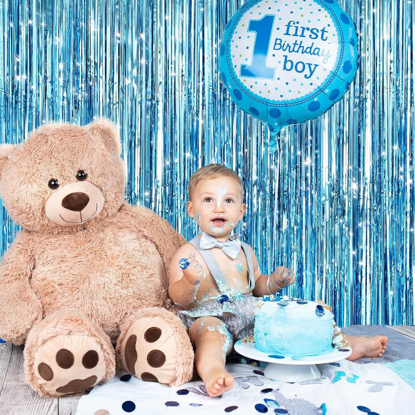 GCB 2Pack Blue Metallic Tinsel Foil Fringe Curtains, Blue Door Streamers Photo Booth Backdrop for Birthday Party, Tinsel Curtain Backdrop for Baby Shower Bachelorette Xmas Party Decorations